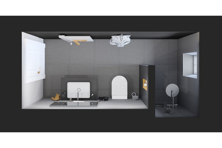 Modernes Badezimmer mit Waschbecken, Toilette, Spiegel und Ablageflächen