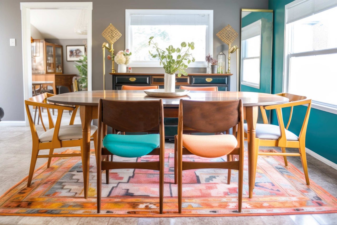 Table à manger avec chaises et tapis dans une salle à manger.