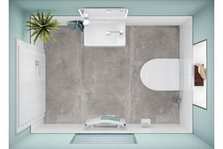 Vogelperspektive eines Badezimmers mit Toilette, Waschbecken, Duschsitz und Holzelementen