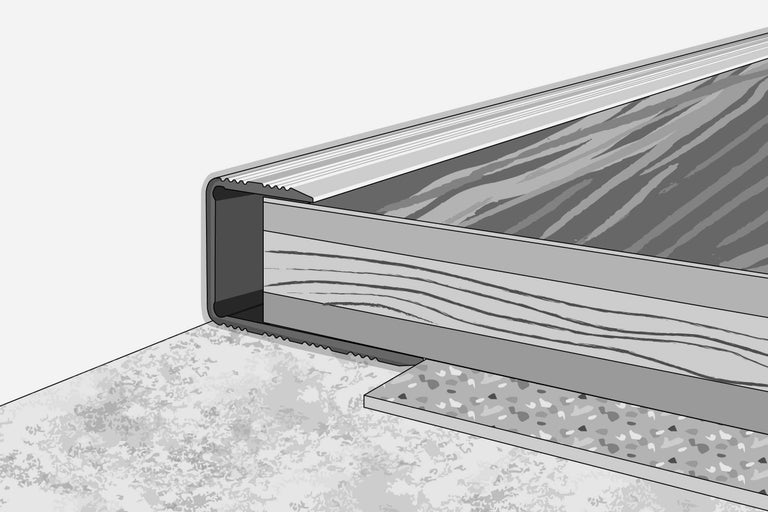 Schnittdarstellung eines Bodenprofils mit Estrich, Trittschalldämmung und Randdämmstreifen