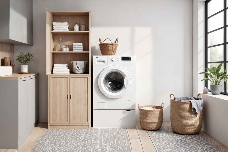 Buanderie avec machine à laver, étagères et paniers à linge