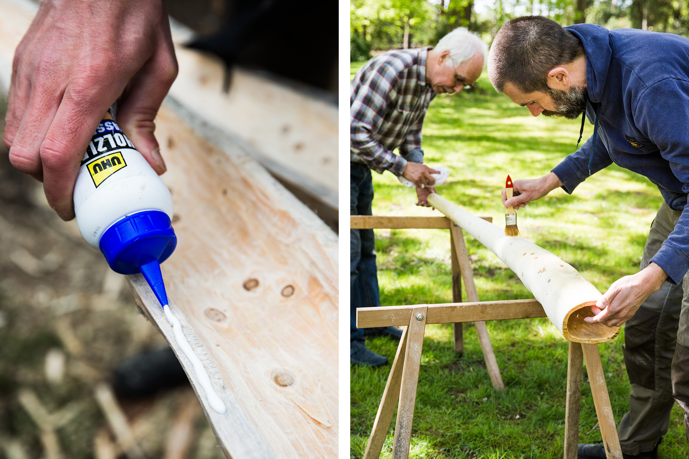 Des artisans appliquent de la colle à bois sur du bois ; deux hommes travaillent un didgeridoo en bois à l’extérieur.