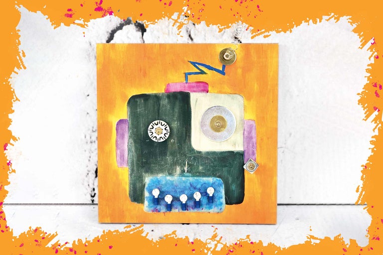 Peinture avec motif de robot sur fond en bois