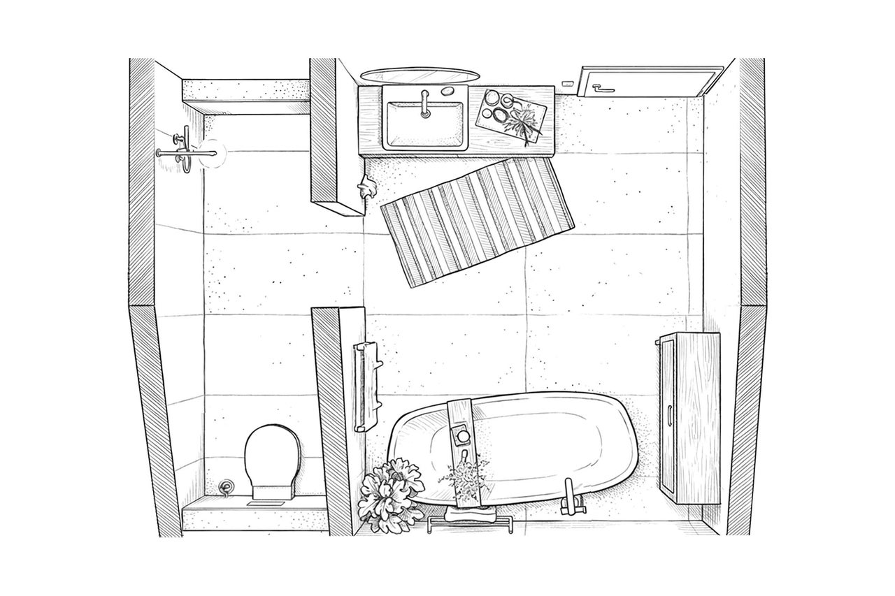 Draufsicht eines Badezimmers mit Badewanne, Waschbecken, Toilette und Badmöbeln