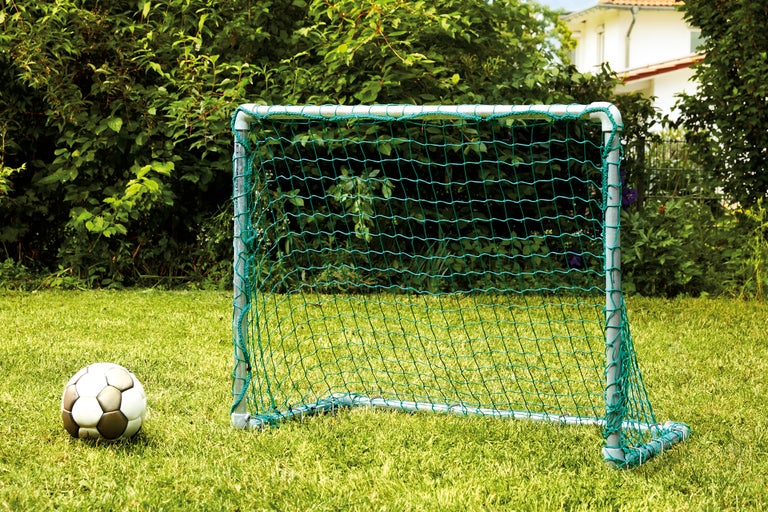 Fussballtor mit Fussball auf Rasen