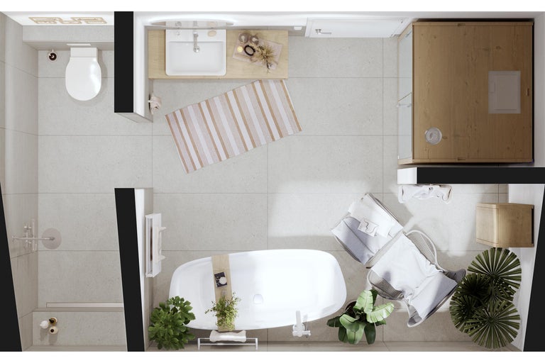 Vogelperspektive eines Badezimmers mit Badewanne, Waschbecken, Toilette und Sauna