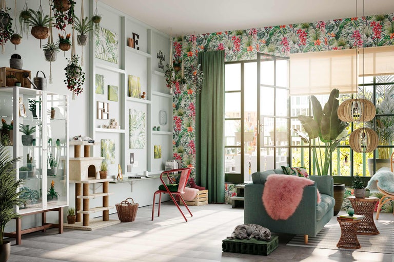 Salon de style jungle avec meubles, plantes et décorations
