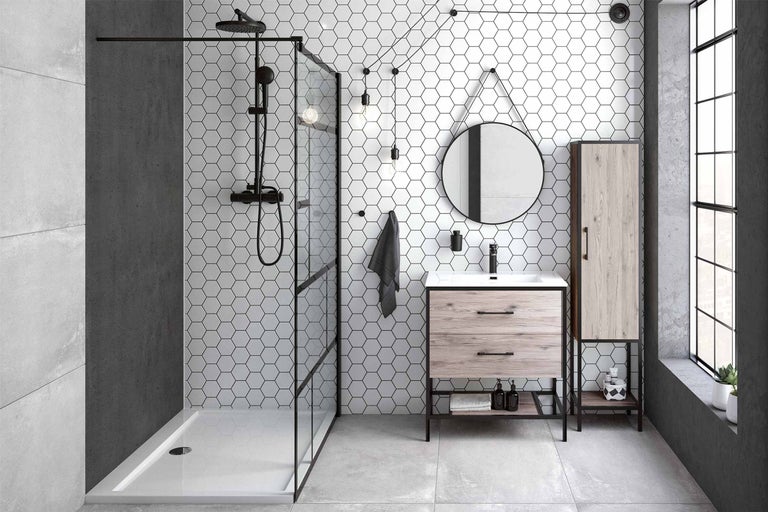 Salle de bains avec douche, meuble sous-vasque, armoire de toilette et carreaux hexagonaux