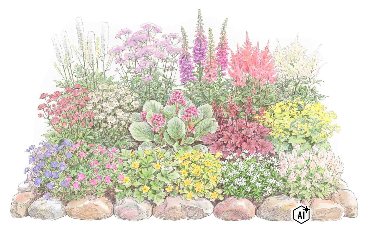 Dessin d'un parterre de fleurs planté de plantes vivaces colorées et bordé de pierres naturelles. L'image est signalée comme modifiée par l'IA.