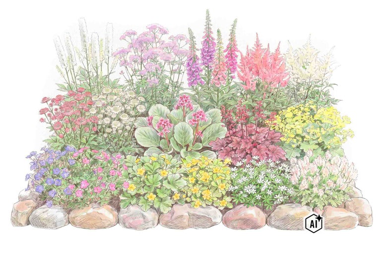 Dessin d'un parterre de fleurs planté de plantes vivaces colorées et bordé de pierres naturelles. L'image est signalée comme modifiée par l'IA.