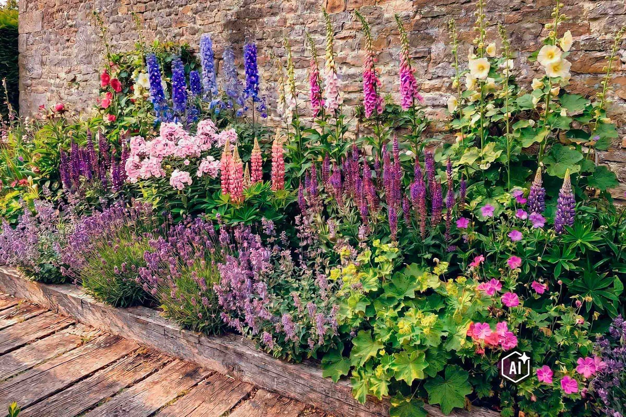 Parterre de fleurs devant un mur en pierre avec lavande, lupins et digitales, bordé de traverses en bois. L'image est signalée comme modifiée par l'IA.