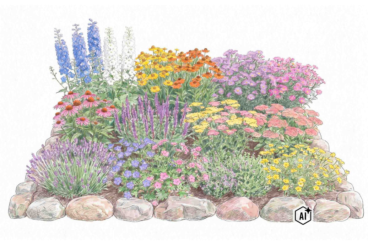 Dessin d'un parterre de plantes vivaces avec diverses plantes en fleurs et une bordure en pierres naturelles. L'image est signalée comme modifiée par l'IA.