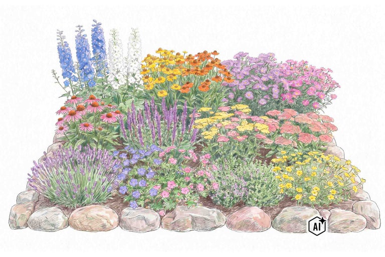 Dessin d'un parterre de plantes vivaces avec diverses plantes en fleurs et une bordure en pierres naturelles. L'image est signalée comme modifiée par l'IA.