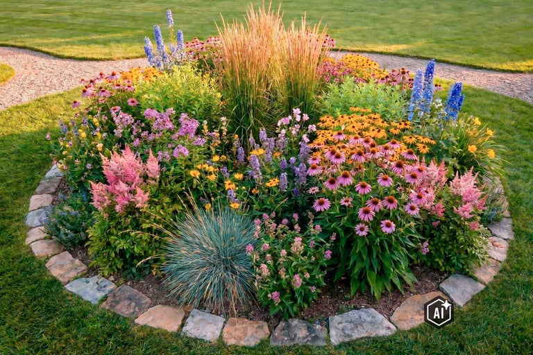 Massif de fleurs rond avec diverses plantes vivaces comme l'échinacée et des graminées, bordé de pierres naturelles dans un jardin. L'image est signalée comme modifiée par l'IA.