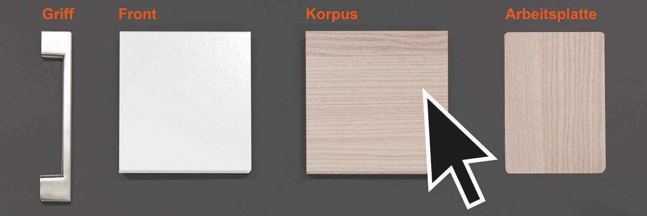 Küchenelemente: Griff, Front, Korpus, Arbeitsplatte