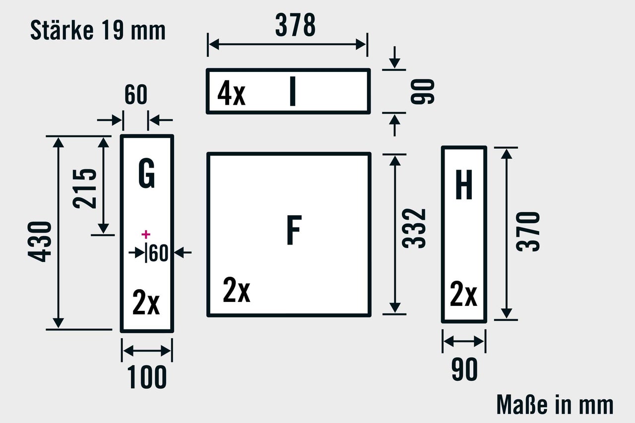 Technische Zeichnung mit Maßangaben für verschiedene Bauteile.