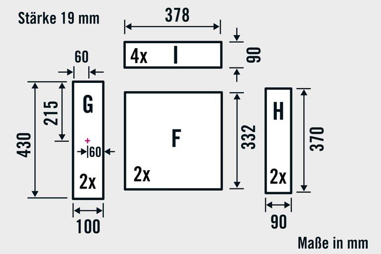 Technische Zeichnung mit Maßangaben für verschiedene Bauteile.