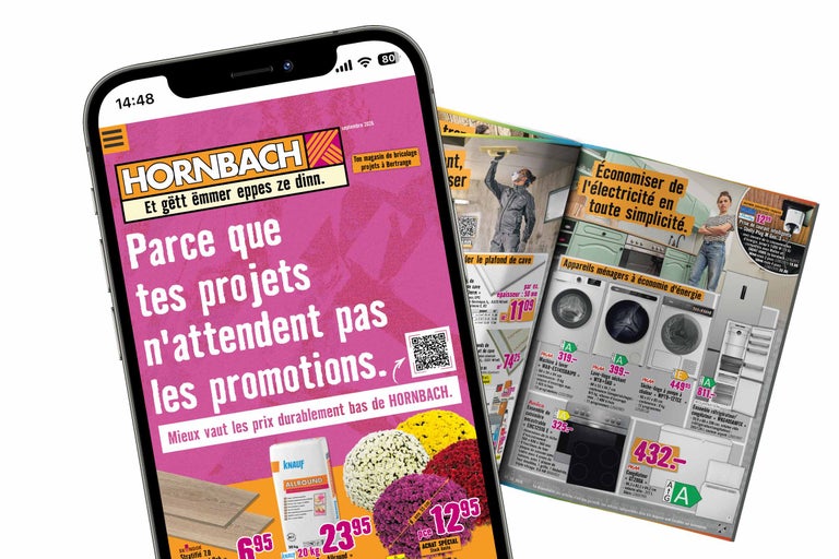 Smartphone zeigt die digitale Hornbach Werbebroschüre mit verschiedenen Heimwerkerprodukten und Haushaltsgeräten.
