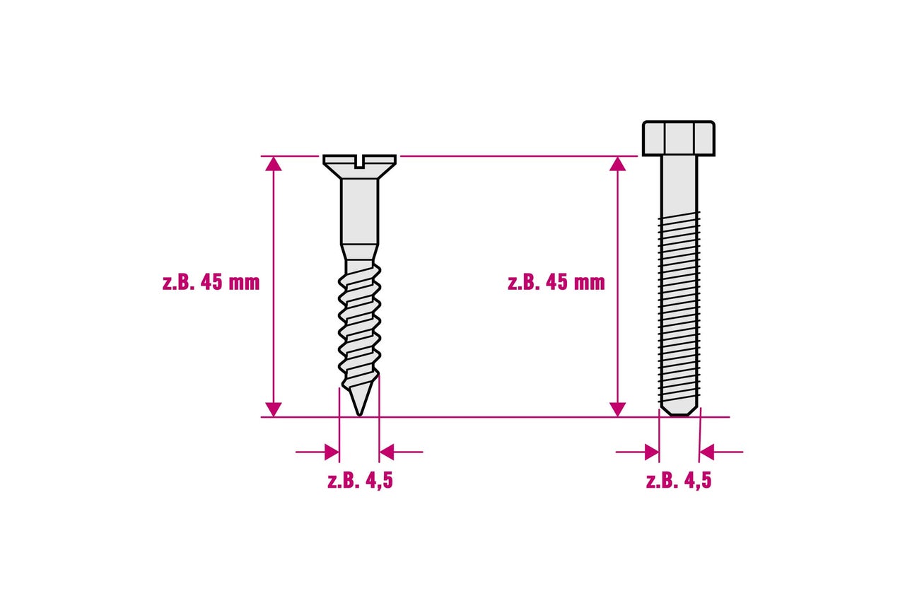 Illustration von zwei Schrauben mit Maßangaben