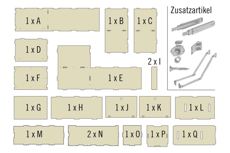 Einzelteile und Zubehör für ein Möbelstück