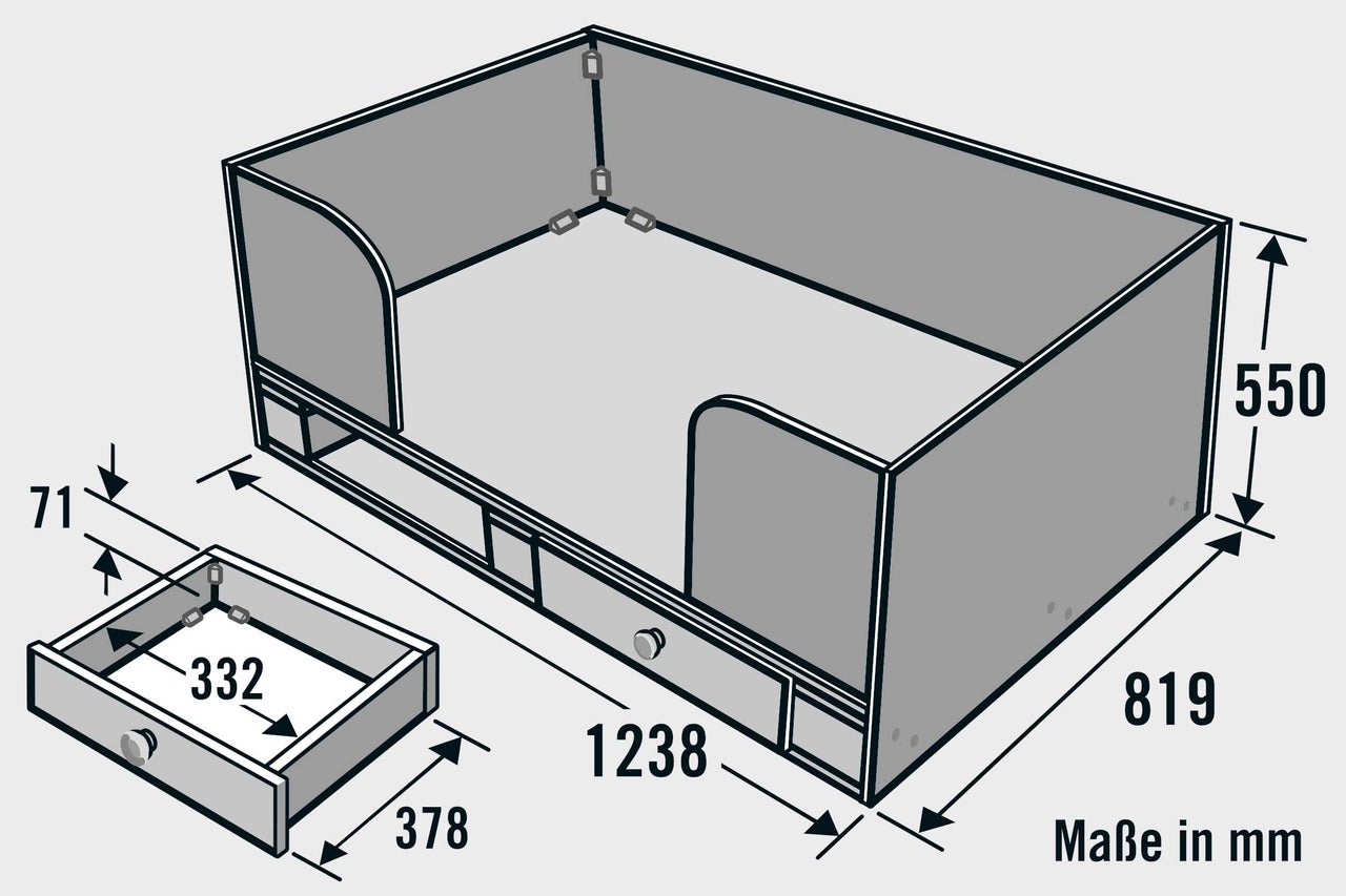 Technische Zeichnung eines Bettkastens mit Maßangaben in Millimeter