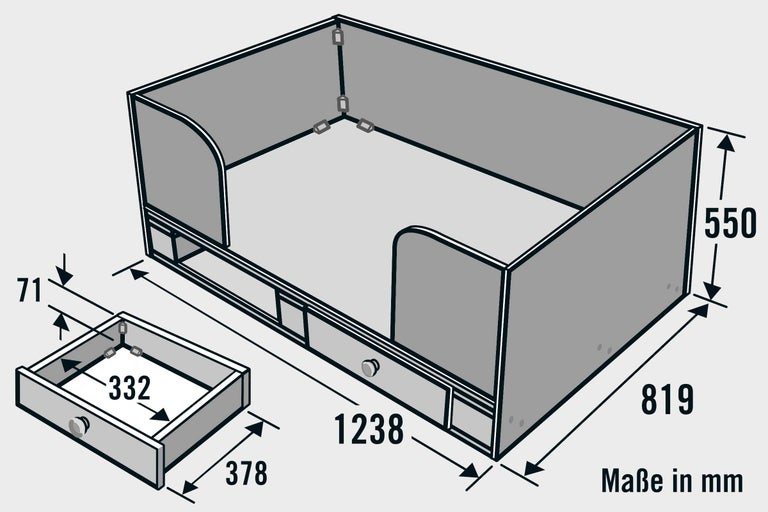 Technische Zeichnung eines Bettkastens mit Maßangaben in Millimeter