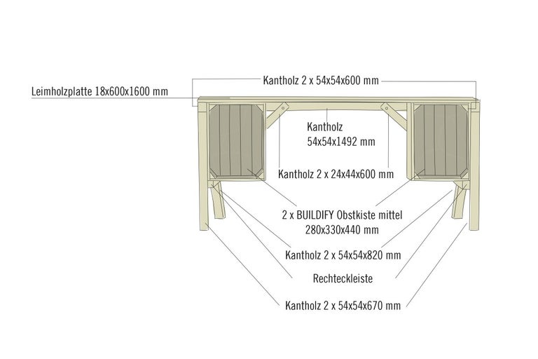 Abbildung eines Regals aus Holz mit Maßangaben