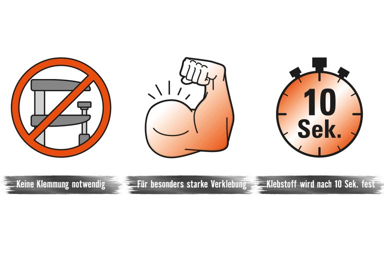 Symbole für: Keine Klemmung notwendig, für besonders starke Verklebung, Klebstoff wird nach 10 Sekunden fest