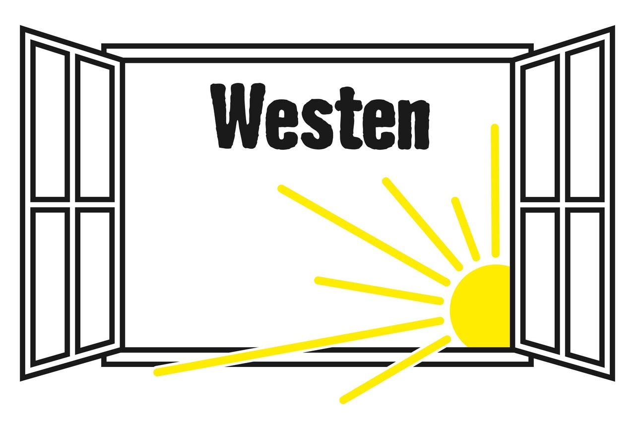 Westen Schriftzug mit geöffnentem Fenster und Sonne