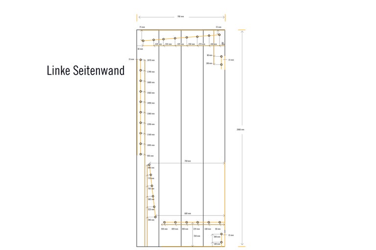 Zeichnung der linken Seitenwand mit Maßangaben
