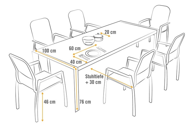 Skizze eines Gartentisches mit sechs Stühlen und Maßangaben