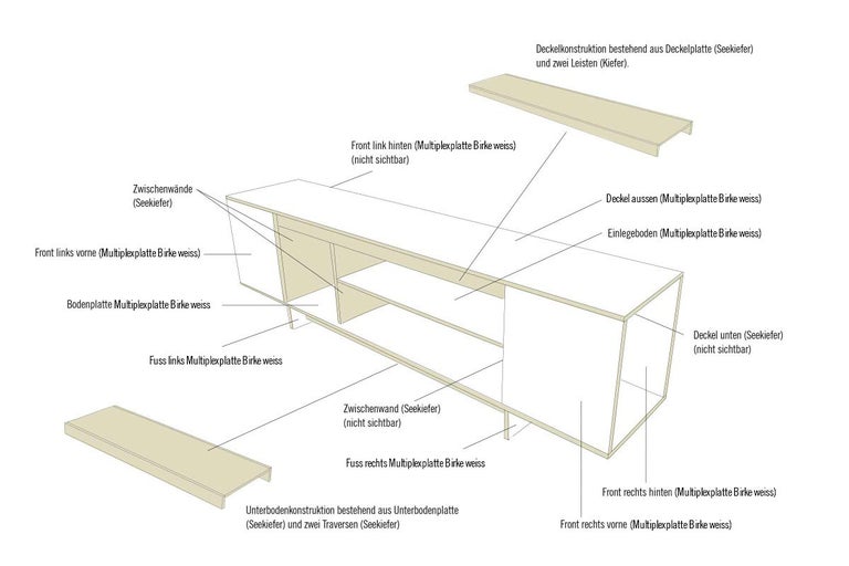 Explosionszeichnung eines Lowboards aus Seekiefer und Multiplex Birke weiss