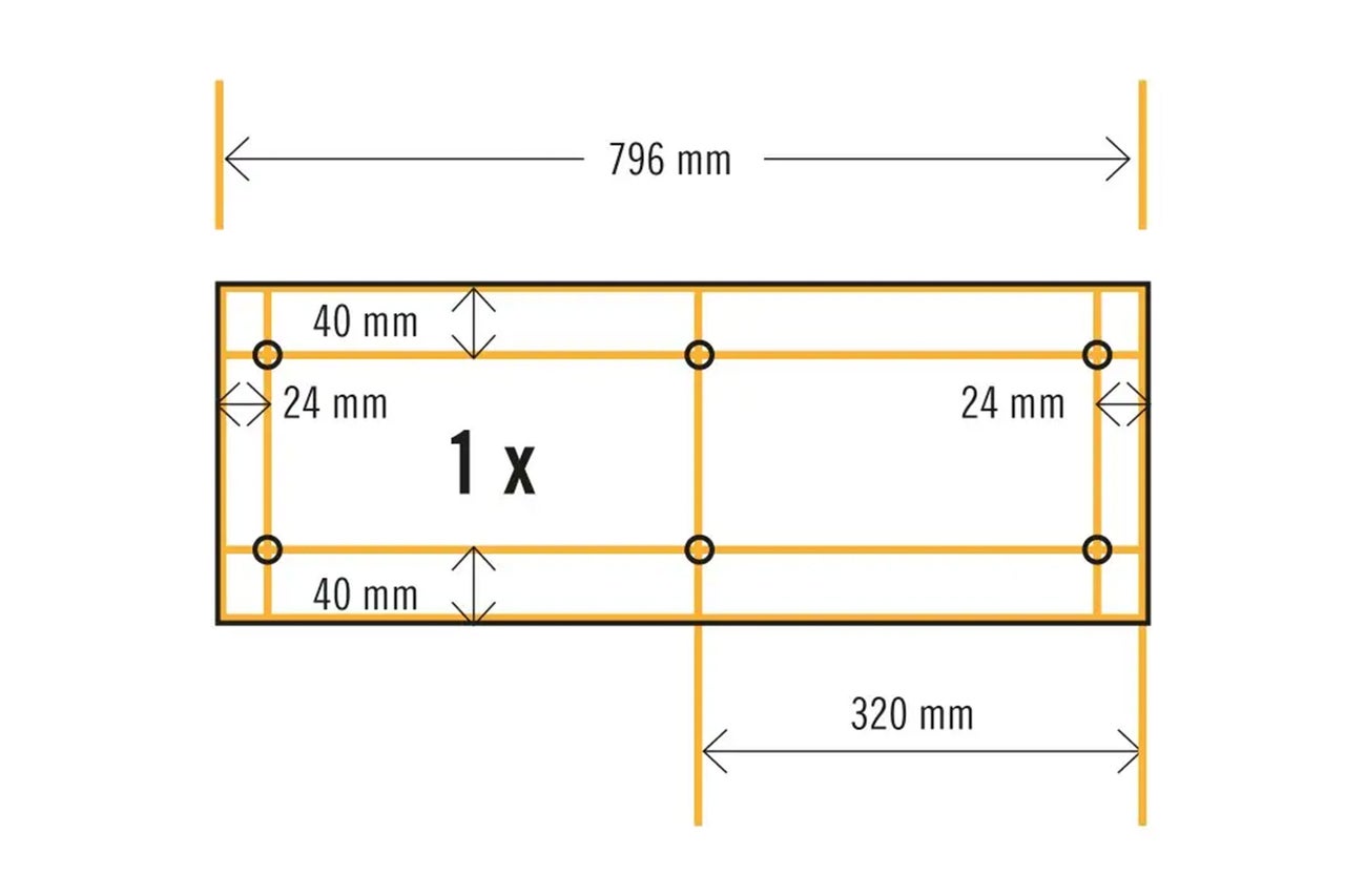 Technische Zeichnung mit den Maßen 796 Millimeter mal 320 Millimeter