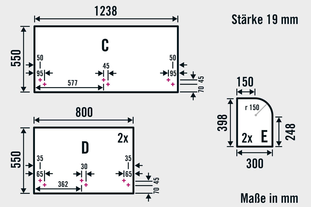 Masse und Skizzen für Möbelbauplatten