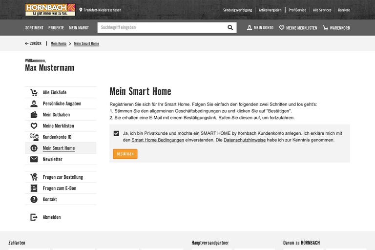 Hornbach Smart Home Konto Seite