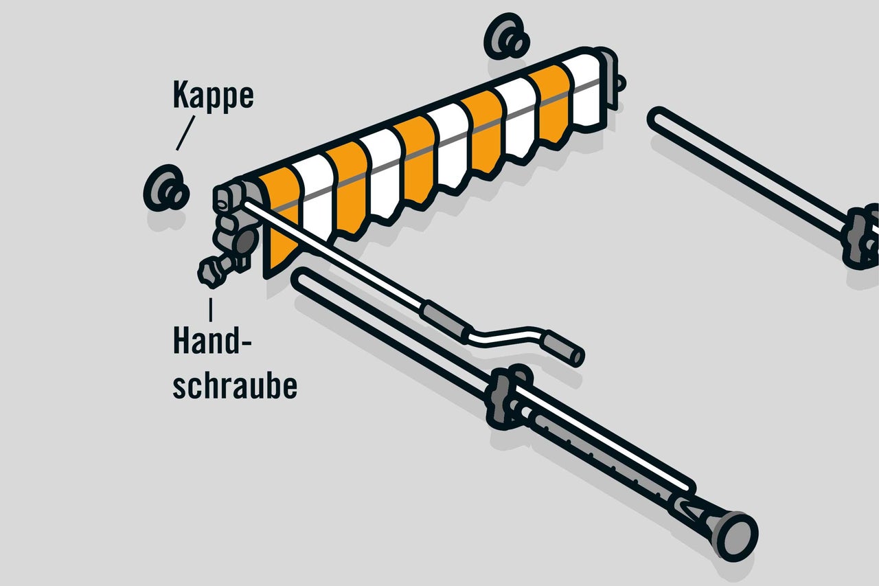Einzelteile einer Markise inklusive Kappe und Handschraube