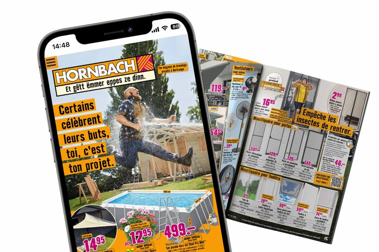 Smartphone zeigt den Hornbach Onlineshop mit Angeboten für Bestway Pools, Ventilatoren und Insektenschutzgitter.