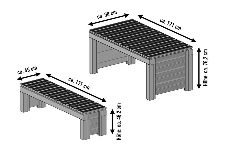 Illustration einer Gartenbank und eines Gartentisches mit Maßangaben
