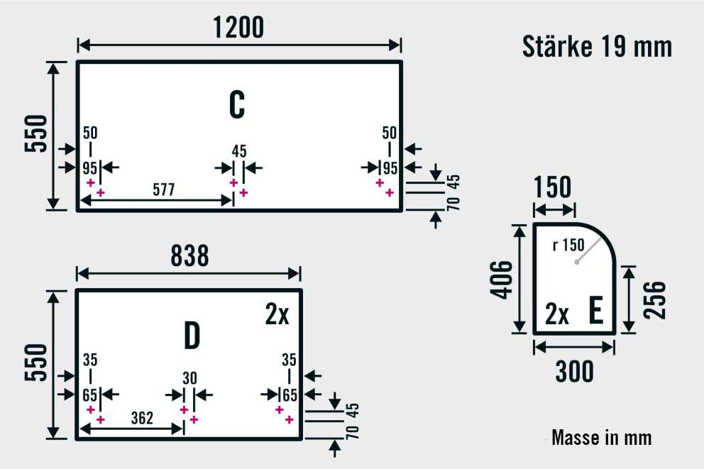 Masse und Skizzen für Möbelbauplatten