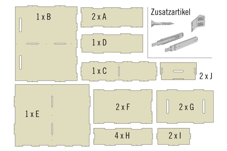 Einzelteile und Zubehör für einen Schubladenschrank