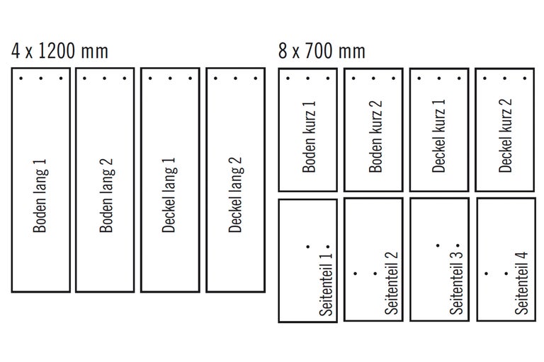 Schnittplan mit langen und kurzen Bodenteilen, Deckelteilen und Seitenteilen