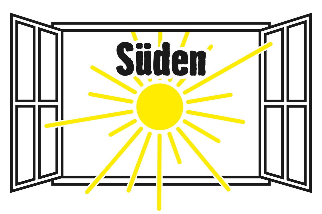 Süden Schriftzug mit Sonne vor einem offenen Fenster