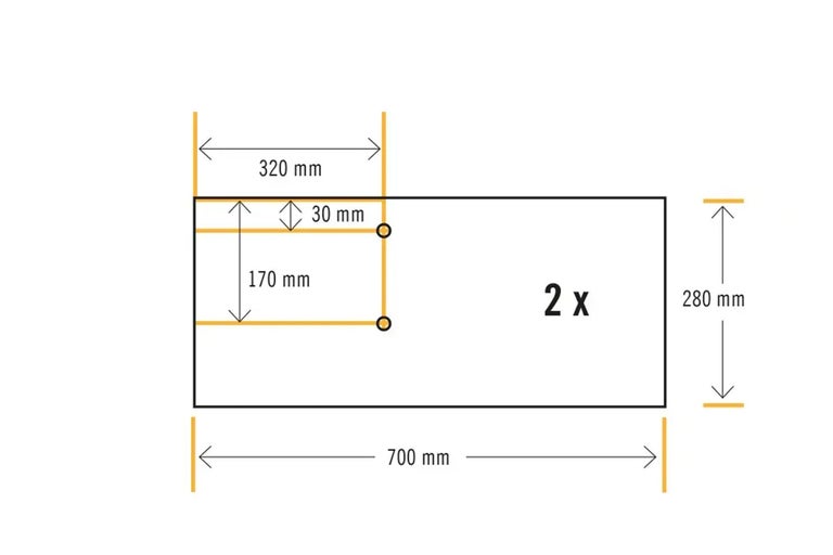 Abbildung mit Maßangaben: 700 mm Länge, 280 mm Breite, 320 mm und 30 mm Tiefe, sowie 170 mm Höhe. Stückzahl: 2