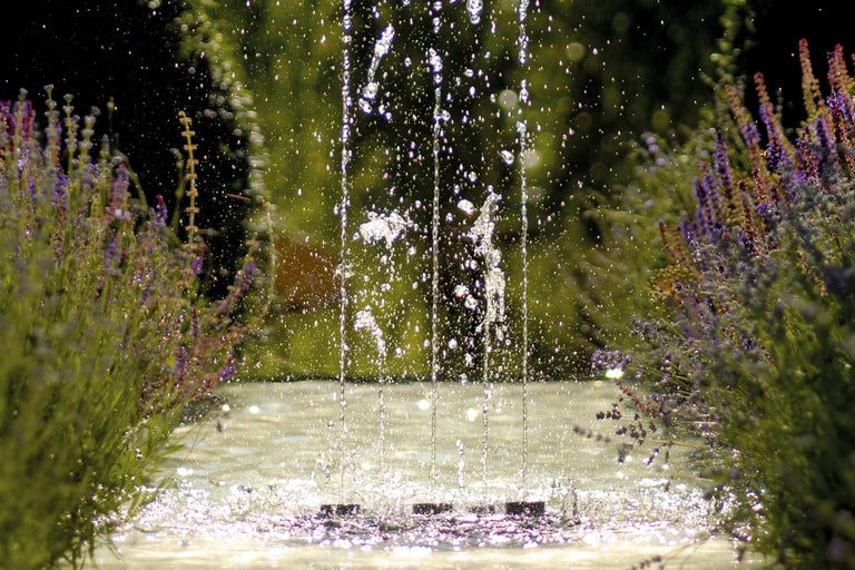 Wasserspiel mit Lavendel im Garten