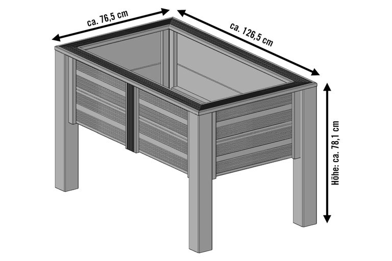 Illustration eines Hochbeets mit den Maßen circa 76,5 cm Breite, circa 126,5 cm Länge und circa 78,1 cm Höhe.