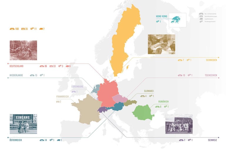 Karte von Europa mit Standorten der Hornbach Bau- und Gartenmärkte, Baustoffniederlassungen, Logistikstandorte und Verwaltungsstandorte