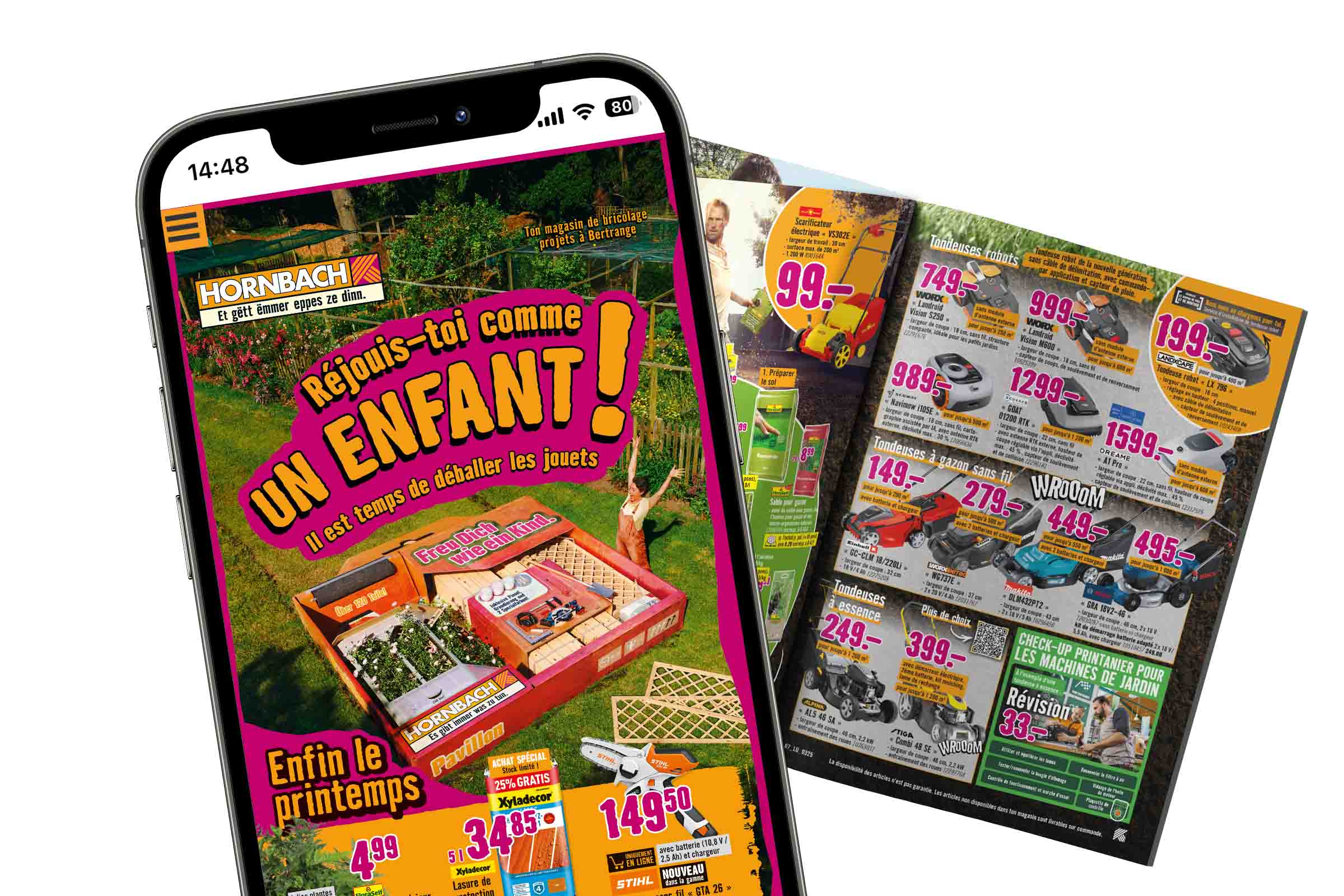 Auf einem Smartphone-Bildschirm wird Werbung für Hornbach-Produkte angezeigt, darunter Gartengeräte und Zubehör.