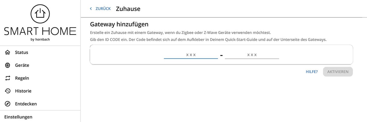 Hornbach Smart Home App-Ansicht zum Hinzufügen eines Gateways