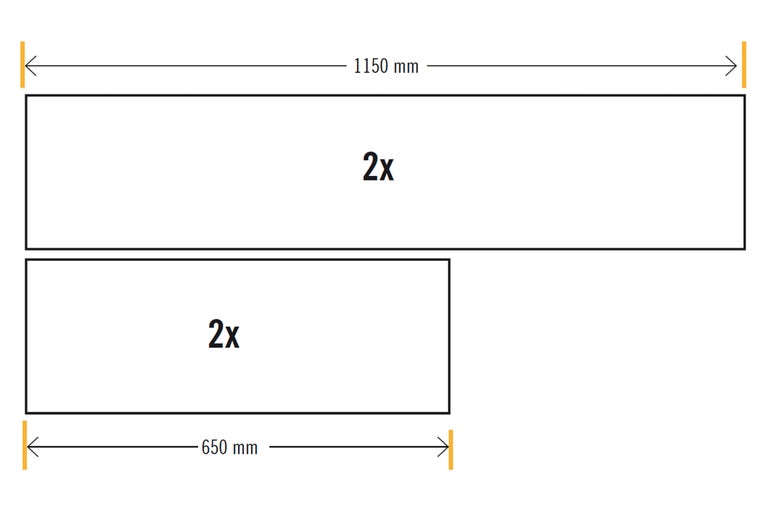 Abbildung von zwei Platten, die jeweils zweimal vorhanden sind: eine Platte mit 1150 Millimeter Länge und eine mit 650 Millimeter Länge