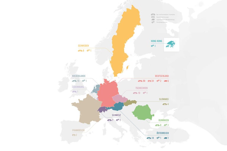 Karte von Europa und Hong Kong mit Standorten von Baumärkten, Baustoffniederlassungen, Logistikstandorten und Verwaltungsstandorten